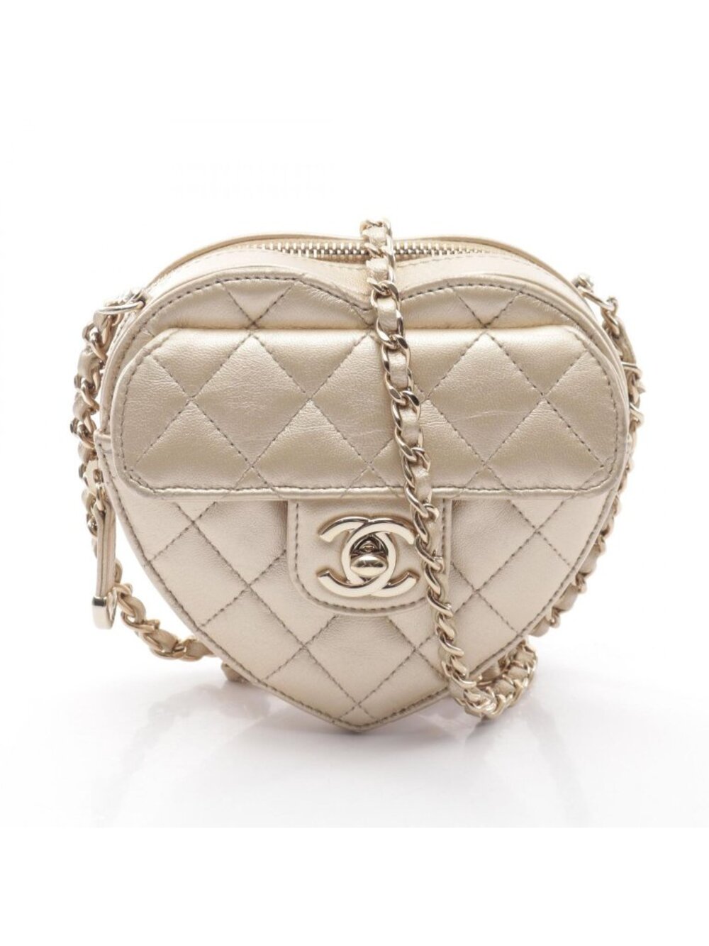 Chanel Shoulder Bag Heart Chain Clutch Quilted Champagne Gold Lambskin Shape